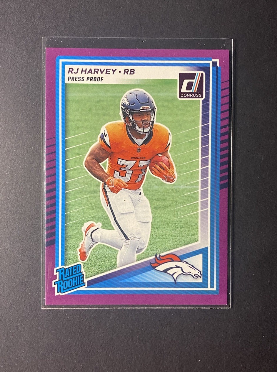 2025 Donruss Rated Rookie Purple Press Proof #312 RJ Harvey (RC) Denver
