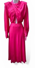 FARM Rio Draped Satin Maxi Dress  S Pink Midi Shoulder Pads Peek Front & Back