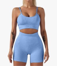 Women  s Seamless Workout Set Small Blue High Waist Biker Shorts Sports Bra Gym