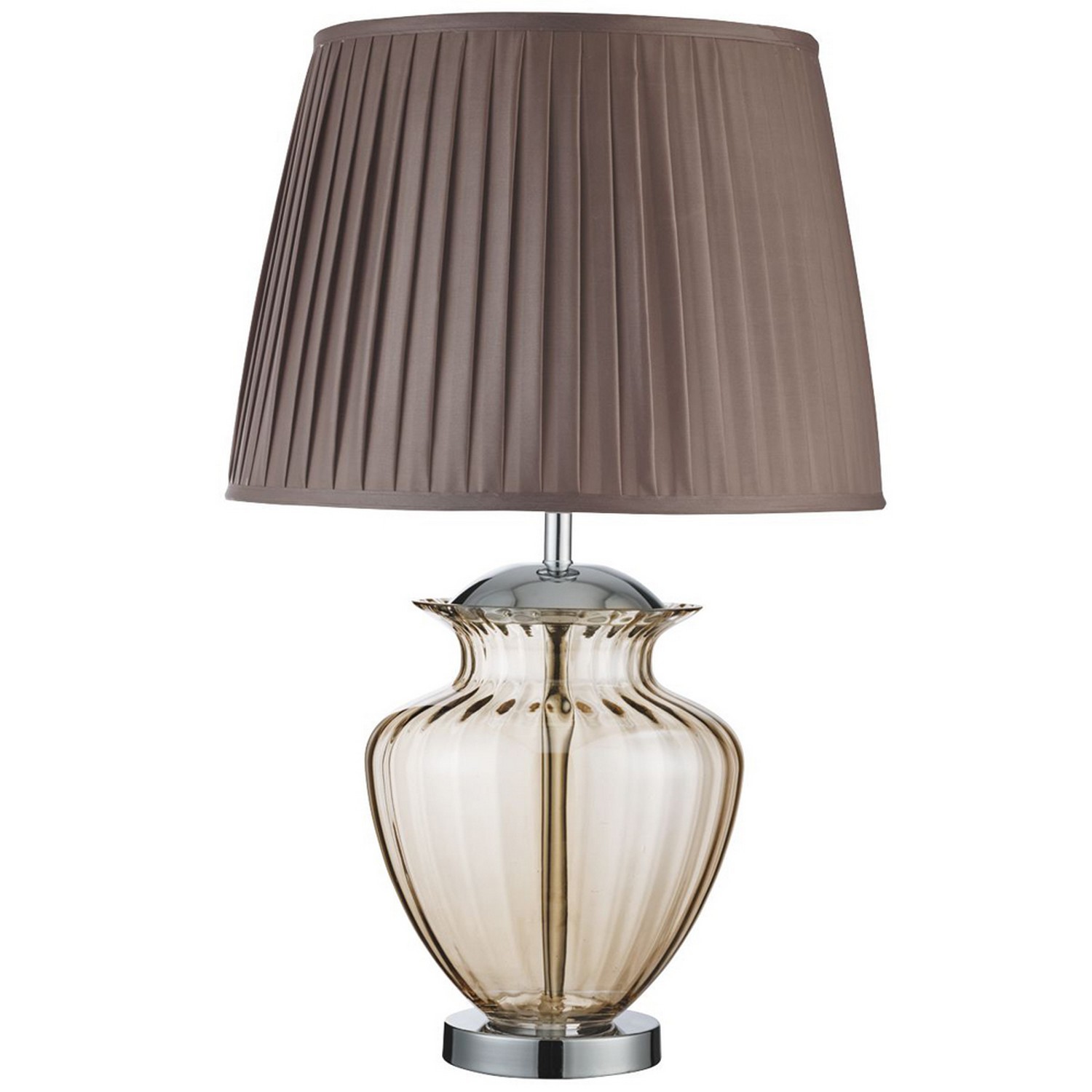 Chrome Bedside Office Work Desk Table Lamp With Amber Glass Base & Pleated Shade