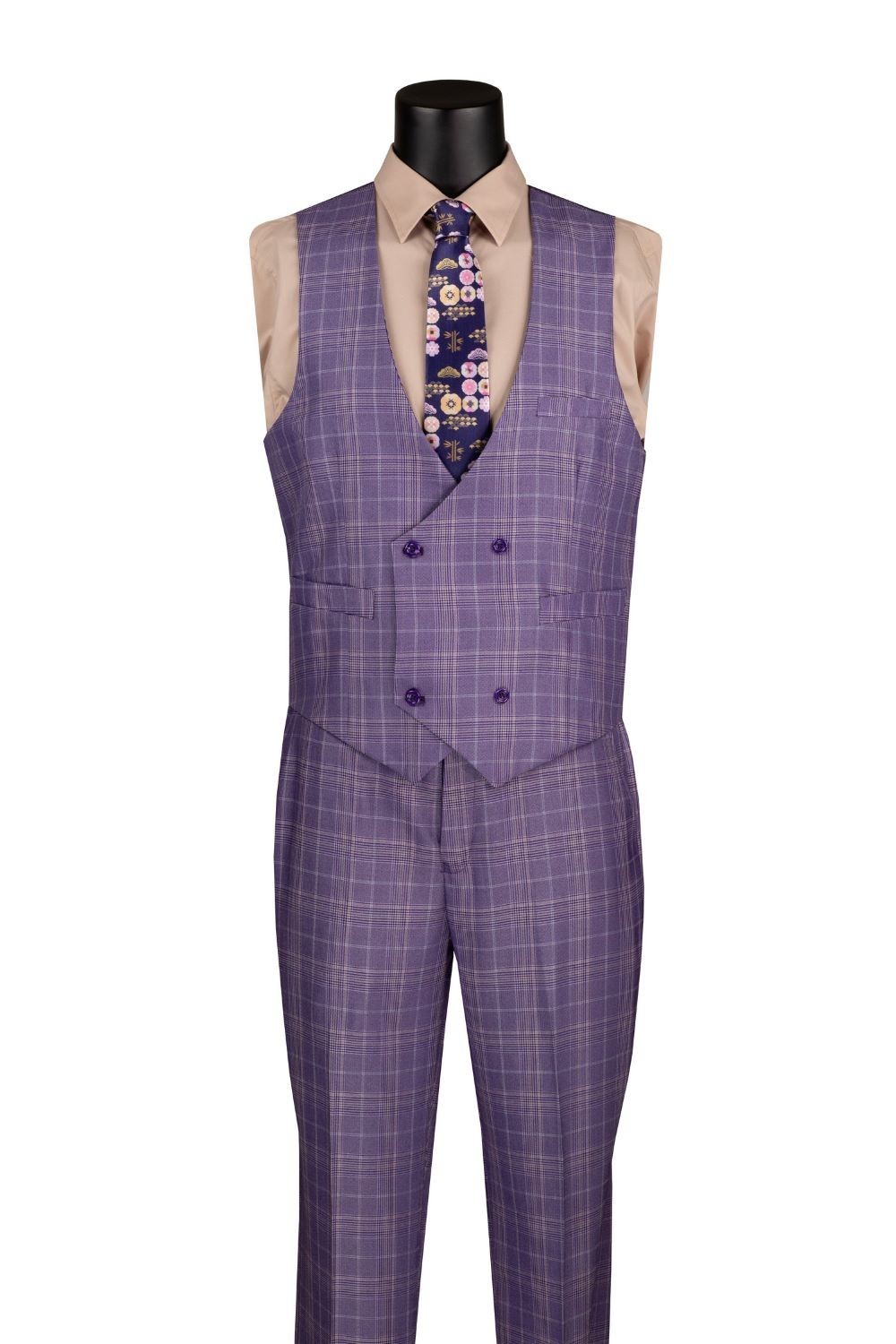 Vinci Men's Regular Fit Glen Plaid 2-Button 3-Piece Suit Purple