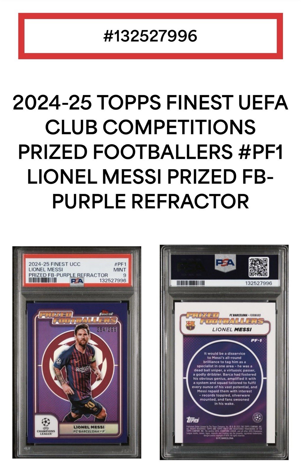Lionel Messi 2024-25 Topps Finest UEFA Prized Footballers Purple /299 PF-1 PSA 9