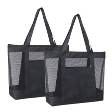 2 PCS Lightweight Mesh Tote Bag Sandproof Beach Zipper Double Pocket Grocery