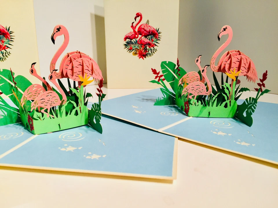 Tarjetas Pop Origami Rosa Flamencos 3D Pop Up Tarjeta de Felicitación Cumpleaños Tamaño 12x17cm Foto 3 de 4