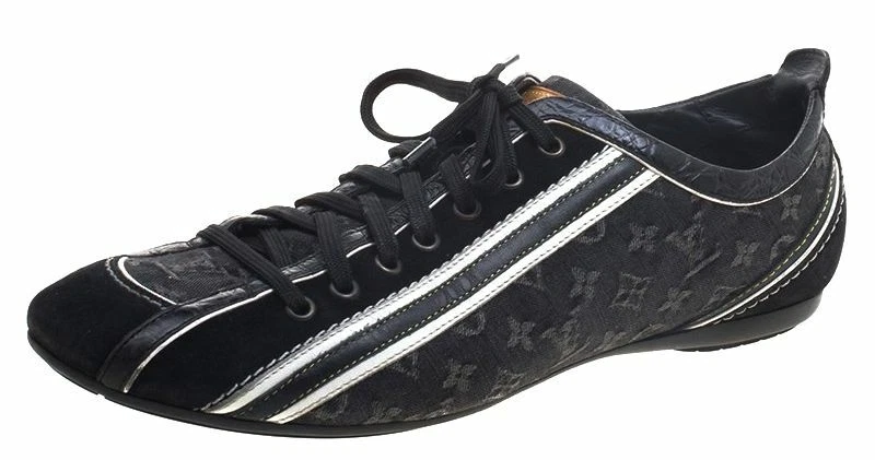 LOUIS VUITTON Black White Monogram 38.5 Mini Lin Tennis Shoes Sneakers 8.5