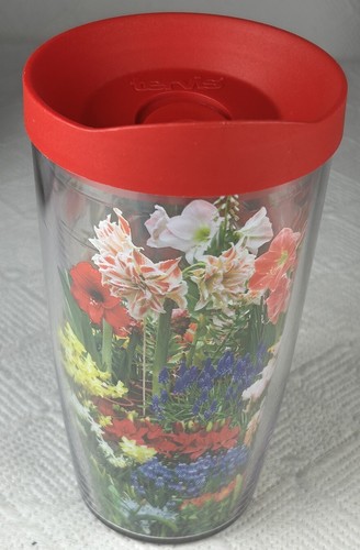 Tervis Becher 16 Unzen mit rotem Deckel Frühling Blumen Klar Verpackung Doppelwandig Reisebecher - Bild 3 von 9