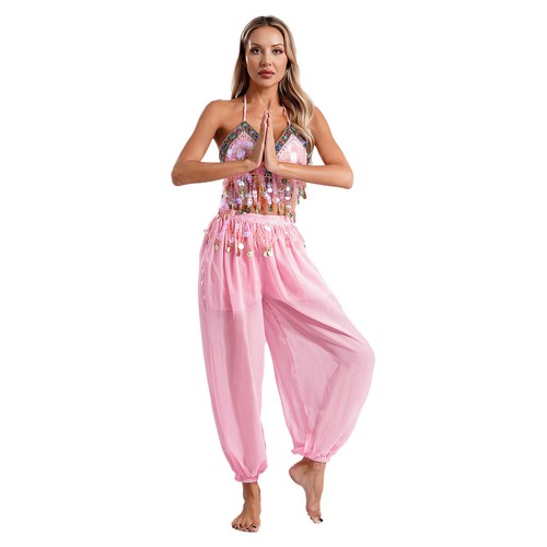 Womens Dance Festival Outfit Shiny Belly Self-Tie Crop Top Stage Performance - Picture 88 of 101