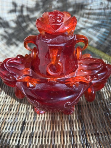 Antique Very Rare Chinese Red Cherry Amber Censor Hand Carved Tripod Dragon - Picture 2 of 24