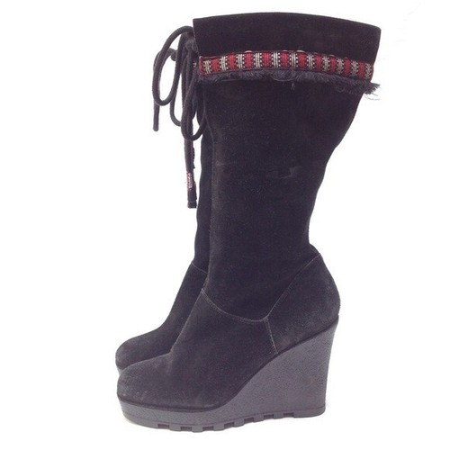 Diane von Furstenberg Damenstiefel 9,5 schwarz Jimson hoher Keilabsatz Wildleder Schnürung