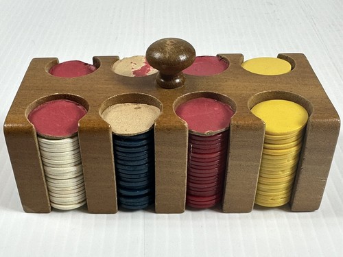 VTG 147 Mini Poker Chips In Wood Caddy. Bakelite? Yellow, Blue, Red, Wht, Brwn.