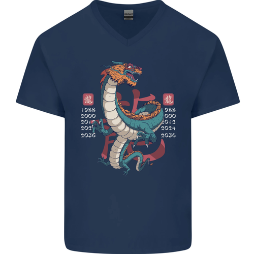 Chinese Zodiac Shengxiao Year of the Dragon Mens V-Neck Cotton T-Shirt - Picture 39 of 43