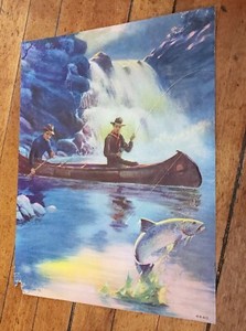 Vtg 1940s Colorful SCOUTS FISHING Embossed Litho From Calendar 7.5x10 Inch FLAWS