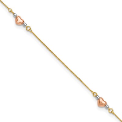 Real 14kt Tri-Color Puffed Heart 9in Plus 1in ext Anklet; 9 inch