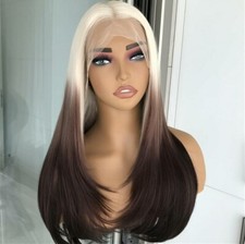 Brown Blonde Ombre Wig HD Front Lace Human Hair Blend Highlights Wavy Curly