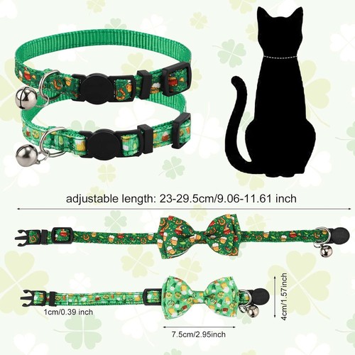 2pcs St Patrick's Day Cat Collar, Cute Dog Collar with Bells Adjustable Four - Picture 2 of 2