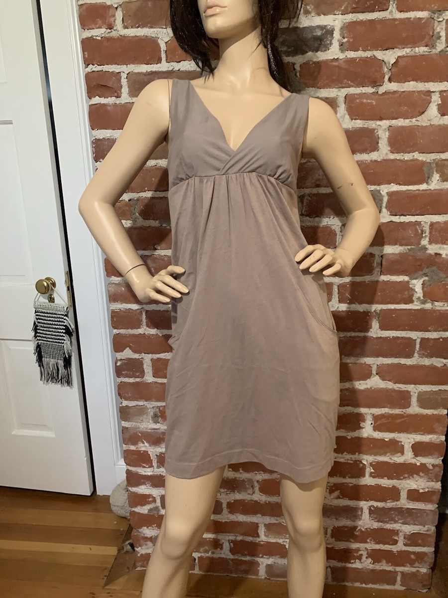 ann taylor loft brown dress Ann Taylor LOFT brown tank dress w pockets XS smocked Two Tone Jersey Tan V  Neck