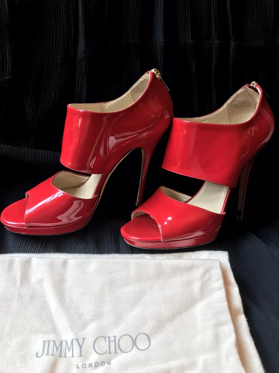 JIMMY CHOO PRIVATE RED PATENT STILETTO SANDALS ICONIC HEELS PLATFORM 38 LEATHER