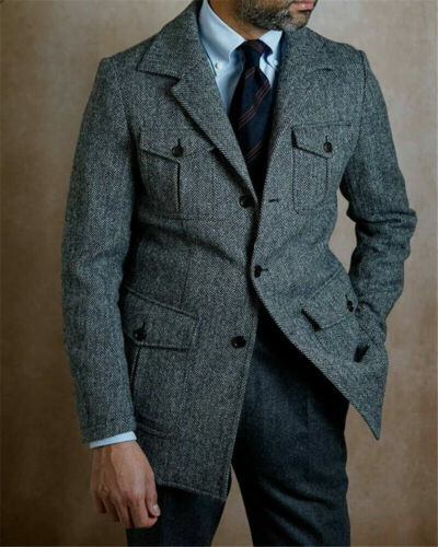 Wool Blend Men's Suit Gray Jacket Pants Tweed Vintage Hunting Business Blazer - Picture 2 of 11