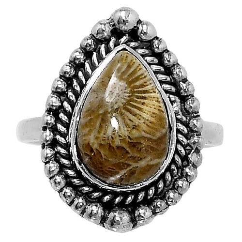 Premium Quality Flower Fossil Coral 925 Sterling Silver Ring s.6 Jewelry R-1154