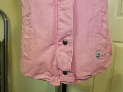 Women's Carhartt Vest M 8/10 Pink Denim Fur Lined Hooded Drwstring Full Snap EUC - Picture 6 of 16