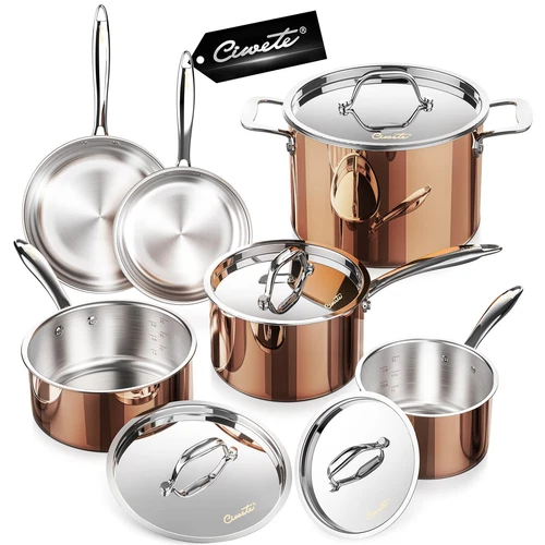 Whole Tri-ply 18/10 Stainless Steel Pot and Pan Set (10 Piece), Copper Pots a...