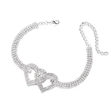 Double Heart Anklet Bracelet Love Barefoot Chain Bling Crystal Ankle Bracelet