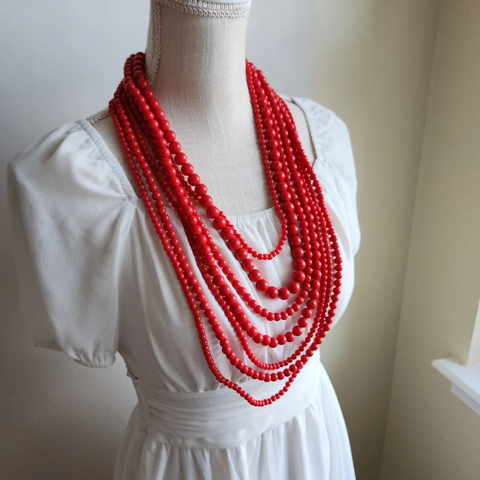 Collar de cuentas Lucita roja de siete capas | Joyería retro vintage 18"–24" Foto 4 de 4