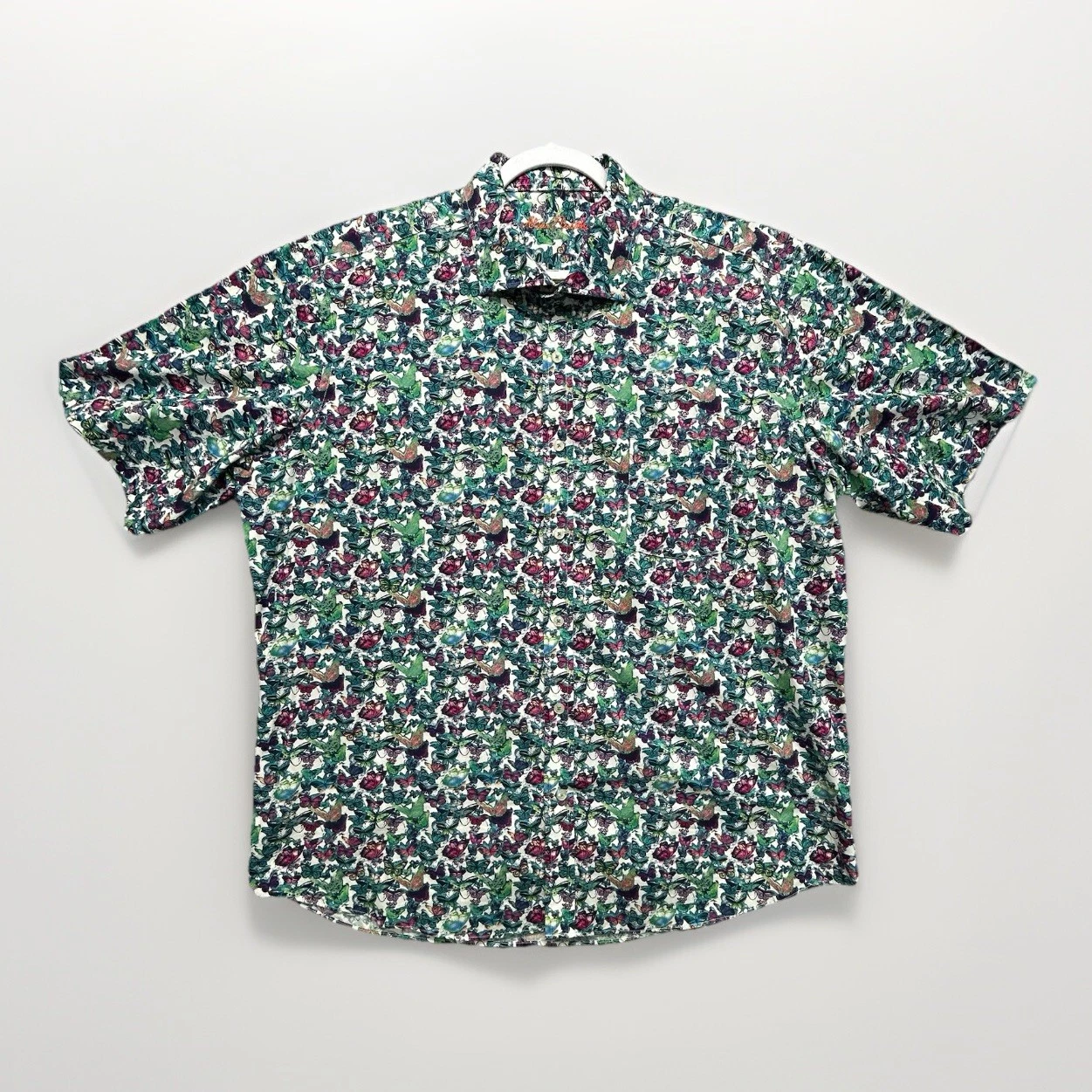 Alan Flusser Shirt Mens XL Floral Butterfly Button Up Green Purple Short Sleeve