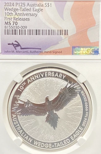 2024 P125 AUSTRALIA $1 SILVER WEDGE TAIL 10th ANN 1st RELEASE NGC MS70 MERCANTI