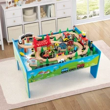 NNECW 84/80 Pieces Wooden Train Set & Table with Reversible Tabletop-Blue