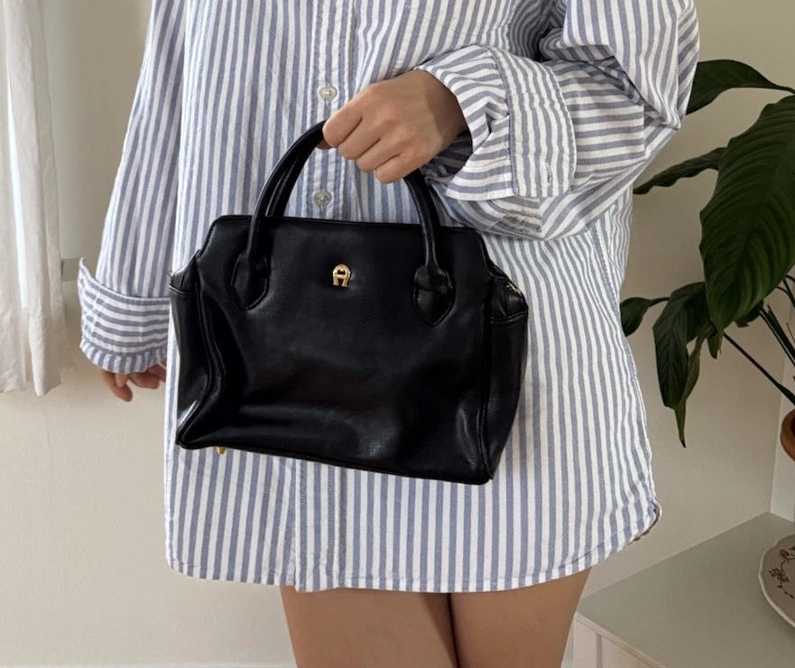 Vintage Etienne Aigner Small Black Genuine Leather Double Handles Bag Purse