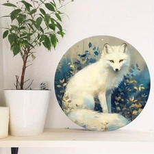 2D Flat, 1pc 8x8 Inch Aluminum White Fox Round Wall Art - Vintage Hippie Spring