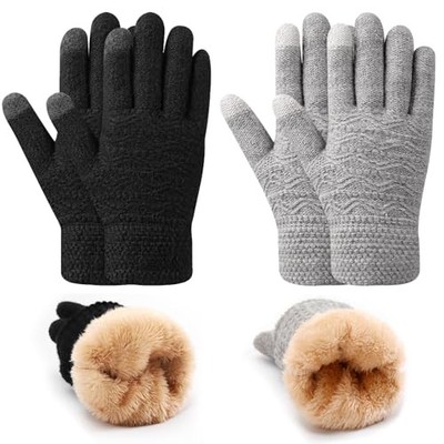 Winter Gloves for Women, 2 Pairs Warm Wool Touchscreen Gloves for Women Grey