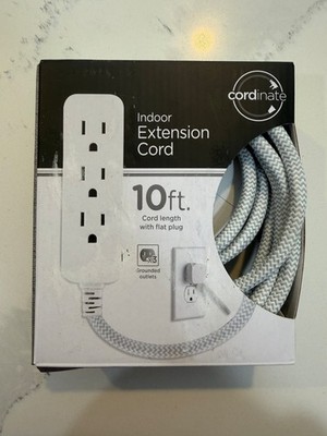 Cordinate 10ft 3-Outlet Braided Extension Cord Flat Plug Gray White 39624