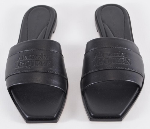 New Alexander McQueen Black Leather Embossed Logo Slides Sandals Shoes 37 7 - Picture 3 of 10