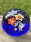 Vintage Murano Art Glass Paperweight Cobalt Blue Floral Made in Italy Label VTG