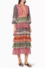 ZIMMERMANN	Amari Multi Ruffle Paisley Block Print Ballooon Sleeve Midi Dress XS