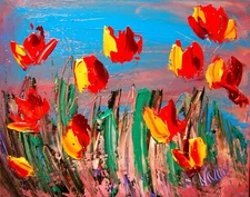 TULIPS ON BLUE    POP ART  PAINTING Impasto  Abstract   CANVAS ORIGINAL KAZAV