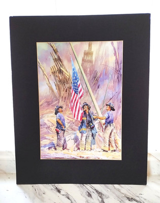 Signed matted watercolor print American flag raising at 9-1-1 Ground Zero