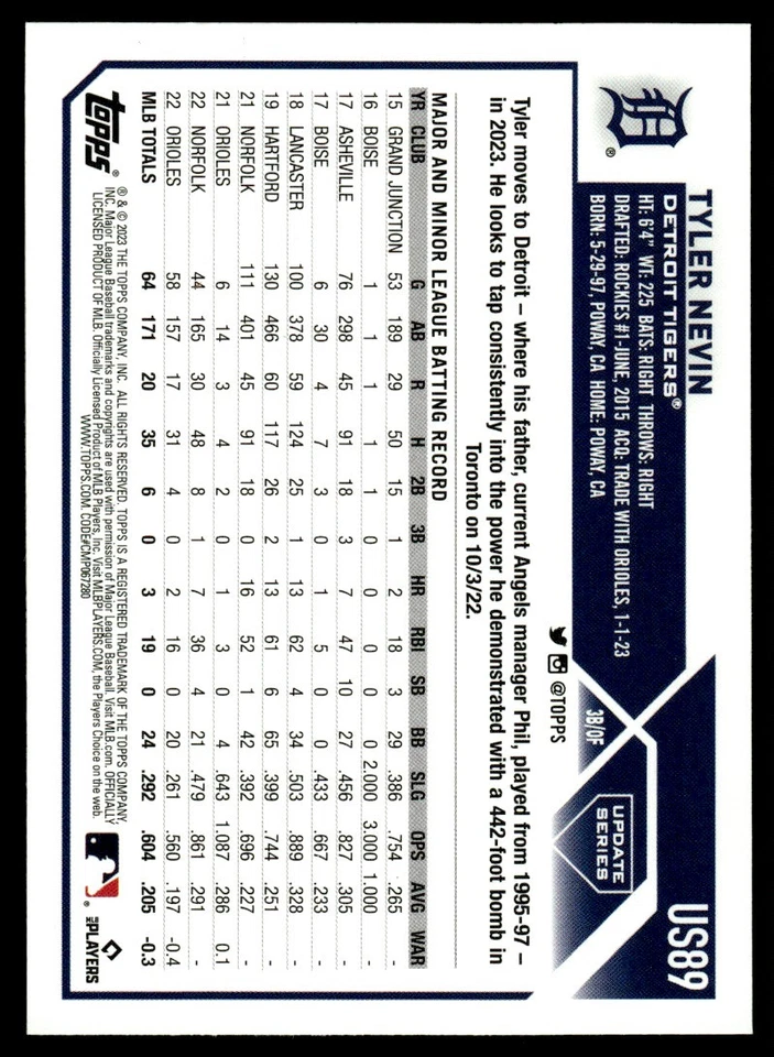 2023 TOPPS SILVER FOIL Tyler Nevin Detroit Tigers #US89 - Image 2 of 2