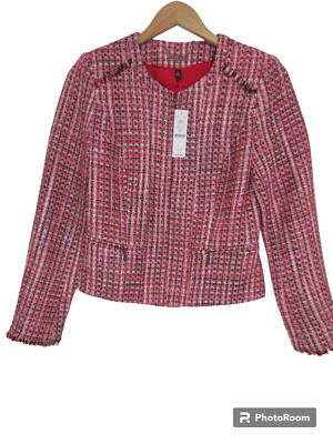 Sz 2 NWT WHBM Tweed Blazer Moto Madder Red Pink Fringe Full Zip Pockets $160 New