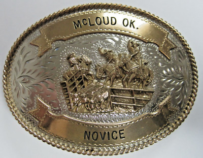 Gold and Silver Cowboy Buckle, McLoud OK Novice, ADM, Numbered 4'' x 3''