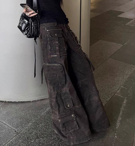 Damen Denim Baumwollmischung Gerades Bein Lockere Passform Freizeithose Punk Taschen Neu - Bild 10 von 12