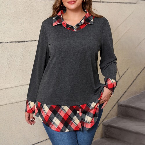 Women Casual Check V-Neck Long Sleeve Tunic Tops Casual T-Shirt Blouse Pullover - Picture 5 of 13