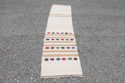 2x8 ft White Handmade Turkish Vintage Anatolian Oriental Wool Kilim Runner Rug - Picture 2 of 10