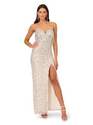 LIV FOSTER SEQUIN BEADED STRAPLESS GOWN FRINGE PROM IVORY SILVER sz 4  Bridal NYE | eBay