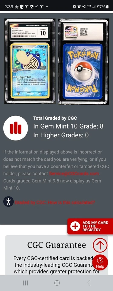 (TOP POP 8) CGC 10 GEM MINT Pokemon Poliwhirl Stamped Holo ERROR 68/115 EX 2005 - Image 4 of 4