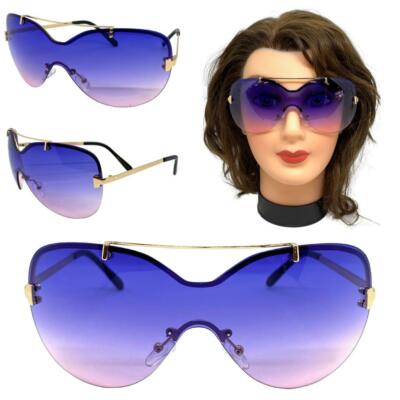 Oversize Classy Modern Retro Shield Style SUNGLASSES Gold Frame Purple Pink Lens