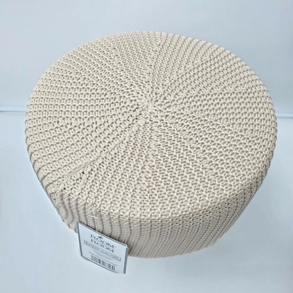 Foot Stool Round Natural Tan Boho Scandinavian Pouf Floor Ottoman Wood New 11"  - Image 3 of 4