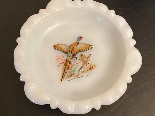 Vintage White Milk Glass Game Bird Design Ring-Necked Pheasant Trinket Dish